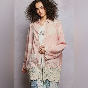 POL Pink Long Sleeved Embroidered Floral Crochet Top